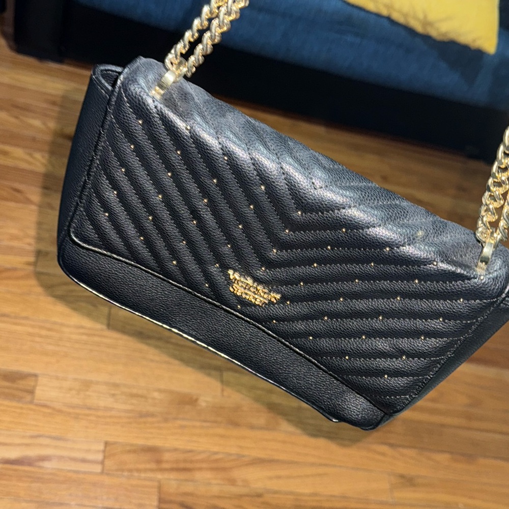 Victoria's Secret Black and Gold Crossbody Bag with Quilted Design
